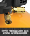 Close-up of universal couplers on Six Gallon Pancake Air Compressor Kit With Thirteen Piece Accessory Set