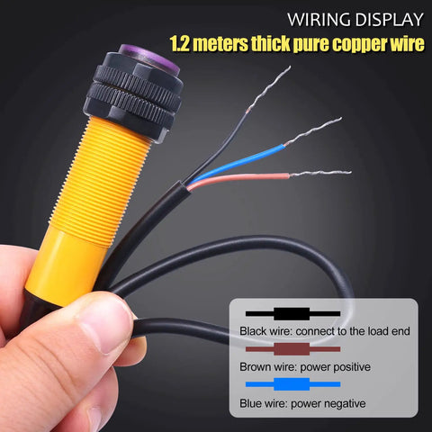 Close-up of the Photoelectric Sensor Adjustable 30 Cm Sensing Range M18 Diffuse Reflection Proximity Switch with wiring display.