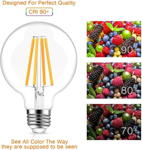 Dimmable G25 LED Globe Bulbs, 100W Equivalent, 1200 Lumens, 10W, E26 Base Vanity Lighting CRI 90+ with fruit color comparison