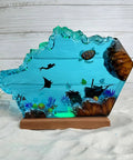 Multicolor Epoxy Resin Wood Lamp In Wave Shape, Handmade Ocean Themed LED Night Light with sea diver and marine life decor