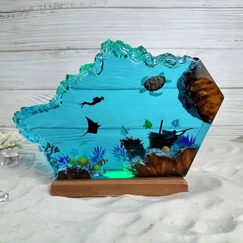 Multicolor Epoxy Resin Wood Lamp In Wave Shape, Handmade Ocean Themed LED Night Light with sea diver and marine life decor