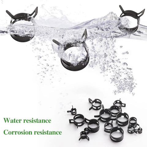 400Pcs Spring Band Hose Clamps Kit, 15 Size Assortment 6mm To 20mm in black finish, demonstrating water and corrosion resistance