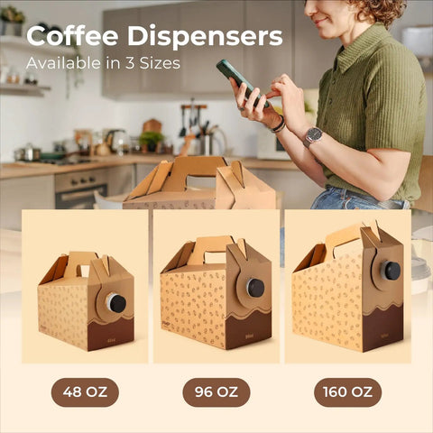 8 Pack 96 Oz Disposable Coffee Dispensers With Handle, Insulated Grab And Go Beverage Storage Containers displayed in three sizes