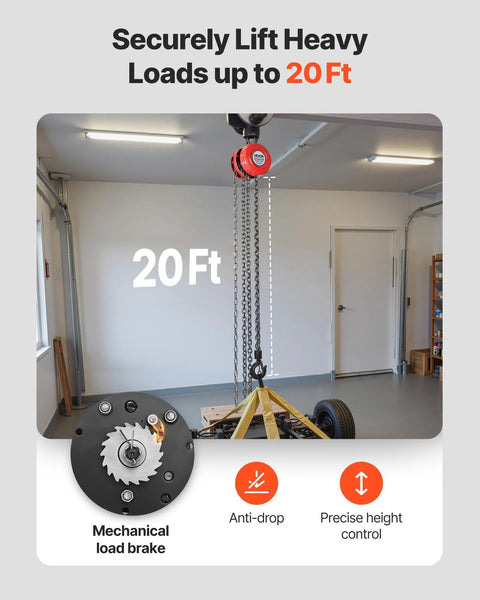 VEVOR hand chain hoist, red, 1 ton capacity with galvanized chain, 20 ft lift, ceiling-mounted.