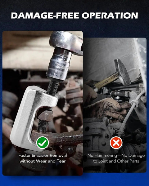 5 In 1 Front End Service Tool Kit With Ball Joint Separator, showing usage for damage-free operation on vehicle parts.