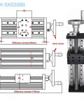 Diagram and image of 4 Inch Stroke Manual Linear Motion Guide Table with Dual Axis Slide Rail, featuring SFU1605 C7 Ball Screw and Handwheel.