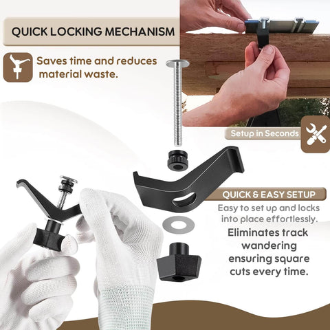 Gloved hand using Replacement Track Clamps Kit For Clamp Trak Accu Cut Adaptive Cutting System Mini Trak And Universal Trak Kits Secure Stable Clamping for precise woodworking.