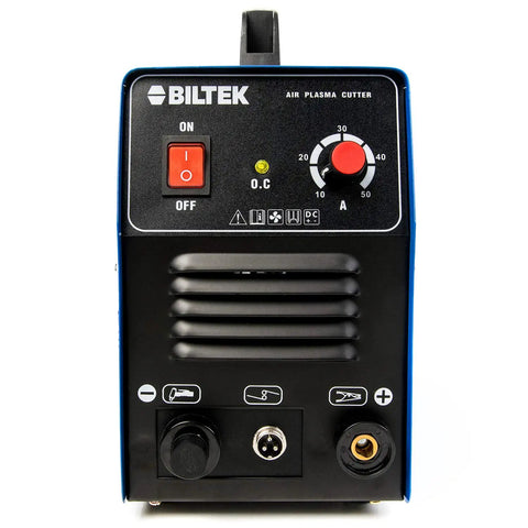 Front view of 50 Amp Non Pilot Arc Plasma Cutter with Dual Voltage 110V 220V and Pre Attached 110V US Plug for fast cuts