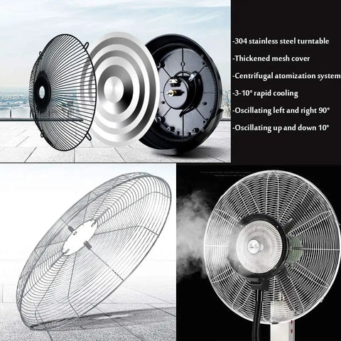 Badass Industrial Mist Fan With Rolling Pedestal And Huge Water Tank That Chops Through Sweltering Heat. Detailed view of stainless steel turntable.