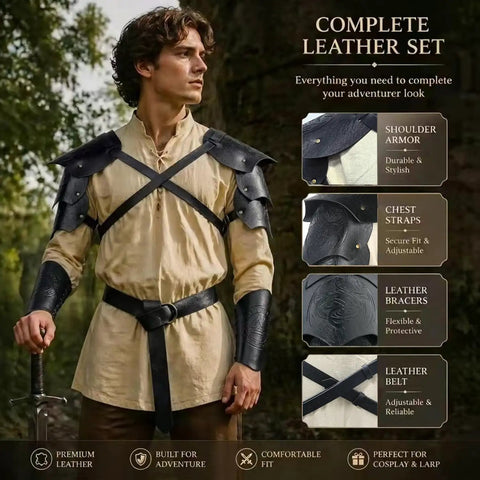 Model wearing Leather Shoulder Armor Dope With Dual Pauldrons, Bracers Vambrace, And Medieval Ring Belt for LARP Cosplay Men.