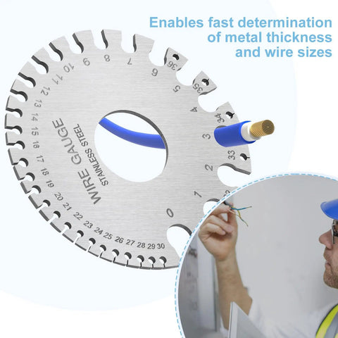 Close-up of Pro Grade Metal Gauge Set For Welding, Dual Sided Round Wire Sheet Gauge, highlighting stainless steel build