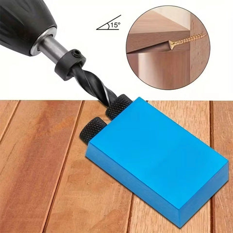 Close-up of Joint Angle Tool And Pocket Hole Jig Set with 15 Degree Inclined Hole Fixture and drill on wood surface