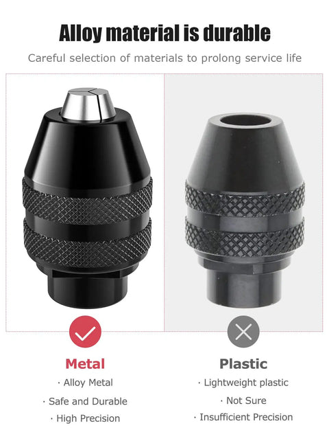 Comparison of metal and plastic chucks for keyless drill chuck collet set for rotary tools, highlighting durability and precision.