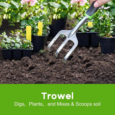 Three Piece Aluminum Garden Tool Set Heavy Duty Trowel Transplant Trowel Cultivator Hand Rake With Soft Rubberized Non Slip Ergonomic Handles For Digging Weeding Transplanting And More being used in soil