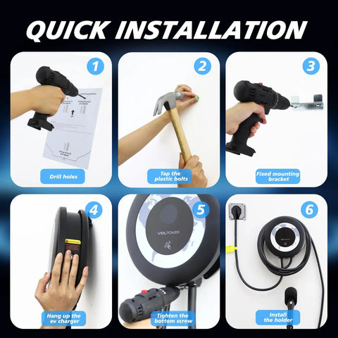Quick installation steps for Level 2 EV Charger 40A 9.6kW Fast Wall Home Charging Station, showing tools and actions.