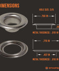 Self-Piercing Grommet And Washer Set In 304 Stainless Steel Built To Last For Tarps, Fabric, Leather, And Banners, dimensions diagram
