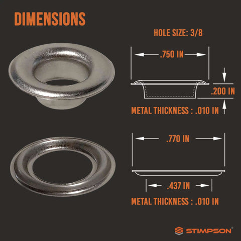 Self-Piercing Grommet And Washer Set In 304 Stainless Steel Built To Last For Tarps, Fabric, Leather, And Banners, dimensions diagram
