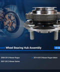 Wheel Hub And Bearing Assembly Front Axle Compatible With 2008 2013 Nissan Rogue 2014 2015 Rogue Select And 2007 2012 Sentra 5 Lug ABS Plug And Play Replacement displayed next to fitment guide.