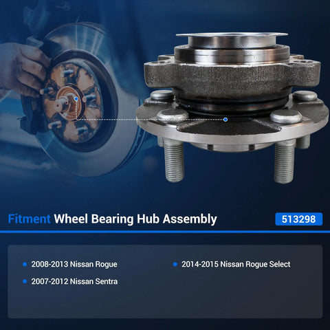 Wheel Hub And Bearing Assembly Front Axle Compatible With 2008 2013 Nissan Rogue 2014 2015 Rogue Select And 2007 2012 Sentra 5 Lug ABS Plug And Play Replacement displayed next to fitment guide.