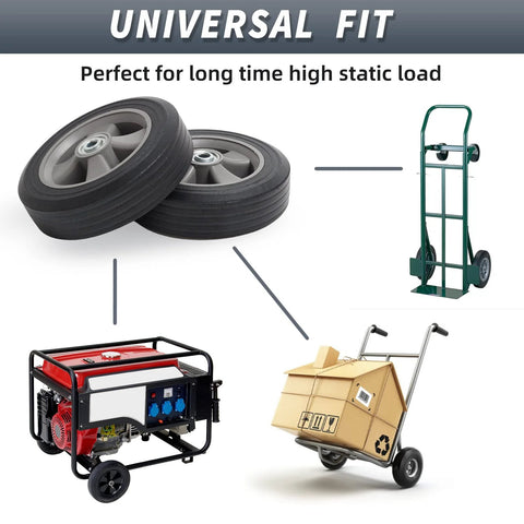 8 Inch Solid Rubber Flat Free Tire And Wheel with ball bearings, shown with hand truck, generator, and garden cart for replacement use