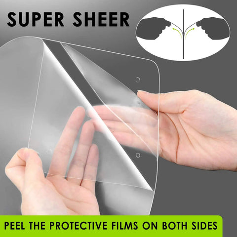 Hands peeling protective film from Adjustable Full Face Shield Kit With Anti Fog Clear Visors Lightweight Frame 2 Pack.