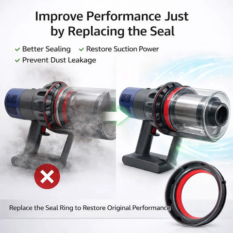 Vacuum showing dust with and without Dust Bin Sealing Ring Compatible With V11 And V15 Vacuum Cleaners Easy Drop In Replacement Seal