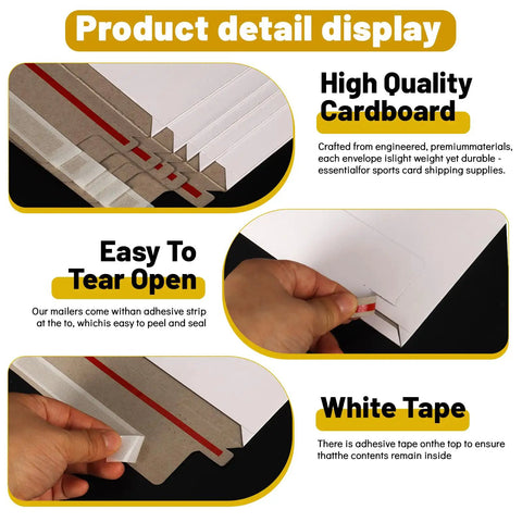 Detail display of 110 Pack White Trading Card Shipping Envelopes 7x4.35 Inch Self Adhesive Mailers showing cardboard quality and adhesive