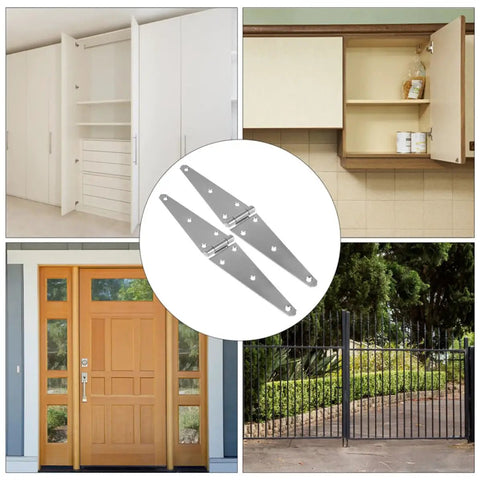Heavy Duty 4 Inch Galvanized Gate Hinges Set for fence doors, cabinets, and closets in various indoor and outdoor uses.