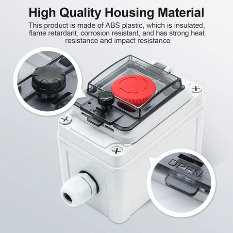 Emergency Stop Button With Waterproof Clear Cover IP67 Red Mushroom Push Switch Box shown in ABS plastic housing