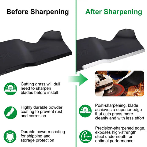 Comparison of mower blades before and after sharpening; improved edge detail for Mower Blades For Husqvarna 48 Inch Deck Zero Turn Riding Mower Z248F YTH Series Replacement Beefy High Lift Sixteen Five Eighths Inch Fits MPN 588811002 532180054