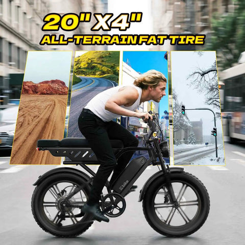 Beast Mode Fat Tire Electric Bike With 1500W Peak Power, 28 MPH Top Speed, 20 inch tires in urban and off-road settings