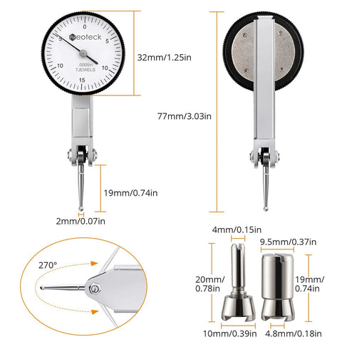 Neoteck dial test indicator with 0–0.03 in range; includes 2 steel dovetail clamps (3/8 in and 5/32 in) for machine setup