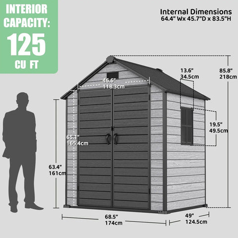 6 By 4.4 Ft Backyard Storage Shed With Floor Durable 16mm Resin Construction Weatherproof Lockable Tool Shelter dimensions