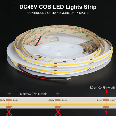 DC48V COB LED lights strip, 65.6Ft 20m 4000K white 504 LEDs per meter, dope brightness, 90+CRI, 10mm wide, easy mount with 3M tape