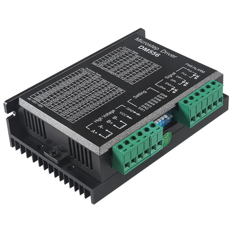 DM556 microstep driver module for CNC, front view with green terminal blocks and black heatsink