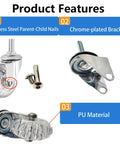 Heavy Duty 2 Inch PU Rubber Swivel Caster M8 Threaded Stem showing chrome-plated bracket, stainless steel components, and PU wheel design.