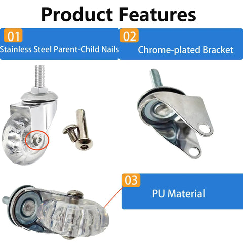 Heavy Duty 2 Inch PU Rubber Swivel Caster M8 Threaded Stem showing chrome-plated bracket, stainless steel components, and PU wheel design.