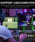 Person using Sixteen Channel Audio Mixer Pro For PC Studio And Live DJ Setup With Bluetooth Multi Device Input 48V Phantom Power Digital Effects