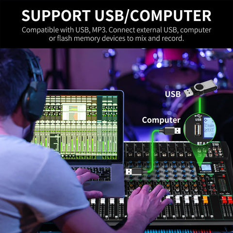 Person using Sixteen Channel Audio Mixer Pro For PC Studio And Live DJ Setup With Bluetooth Multi Device Input 48V Phantom Power Digital Effects