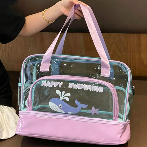 Dry Wet Separated Storage Bag For Gym And Beach Gear with whale design, transparent compartments, and pink accents