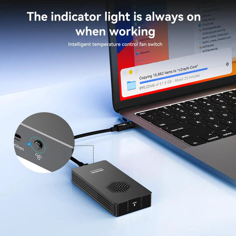 Premium M2 NVMe SSD Enclosure With Built In Cooling Fan Thunderbolt 5 4 3 And USB4 Compatible connected to a laptop.