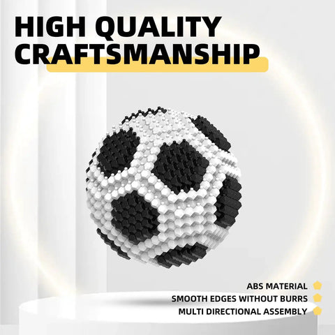 Soccer Themed 437 Piece STEM Building Block Set For Teens And Adults With 3D Polyhedral Spherical Blocks For Hands On Learning And Creative Decor And Skill Building Projects. ABS material soccer ball model on display.