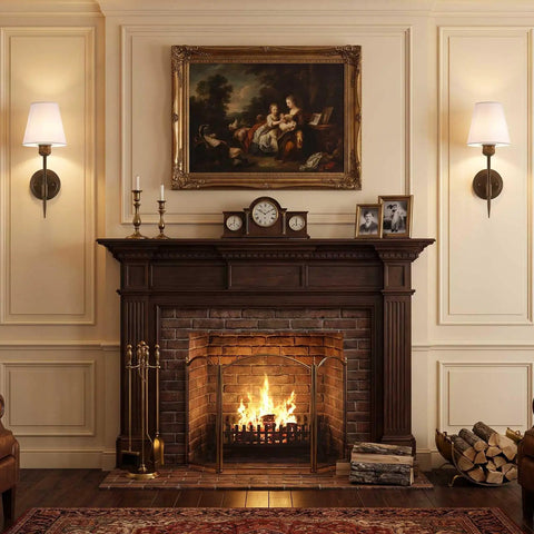 YS.ESUDSI Vintage Wall Sconces with White Fabric Shade Hardwired E26 Base beside a cozy fireplace and elegant decor.