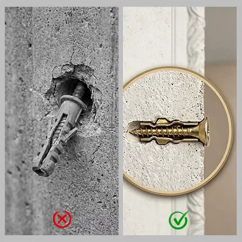 Before and after comparison of expansion screws in concrete; illustrates effectiveness of Short Expansion Screws to fill holes.