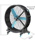 Heavy Duty Industrial Shop Fan With Tough Roll Cart Base And Flexible Tilt Head Kicks Up Serious Airflow To Blast Cooling Breezes Through Busy Workspaces Right Now, 151cm diameter, 168cm tall.