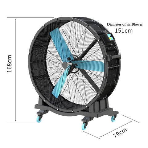 Heavy Duty Metal Floor Fan 1.5 Meter Tall Industrial Standing Fan With Multi Speed Rotary Switch, showing dimensions and design.
