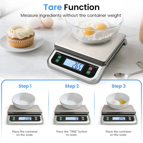 Heavy Duty 88 Pound Food Scale With 6 Unit Stainless Steel Commercial Kitchen Scale Full View LCD Display Tare And PCS Function Perfect For Baking Cooking Flour And Fruits with tare function demonstration and eggs.