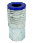 Close-up of a blue anodized steel piece from the Five Piece T Style Air Coupler And Plug Kit In Blue One Quarter Inch NPT Pro Grade.