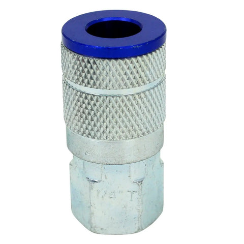 Close-up of a blue anodized steel piece from the Five Piece T Style Air Coupler And Plug Kit In Blue One Quarter Inch NPT Pro Grade.