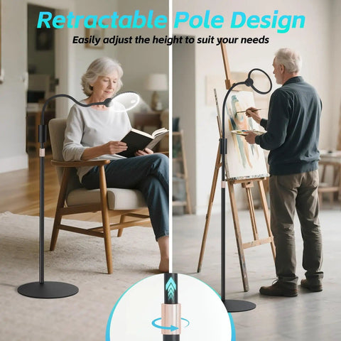 Elderly woman reading and man painting using 10X Floor Magnifying Glass With Light And Stand, 5.1 Inch Real Glass Lens, Adjustable Height